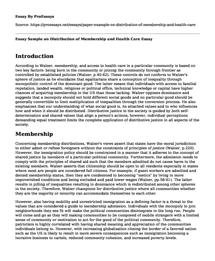 Essay Sample on Distribution of Membership and Health Care