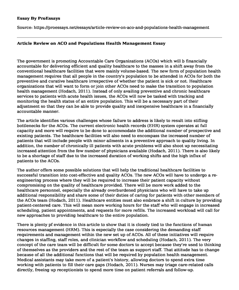 Article Review on ACO and Populations Health Management