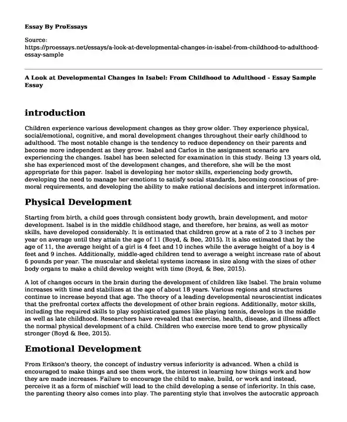 A Look at Developmental Changes in Isabel: From Childhood to Adulthood - Essay Sample