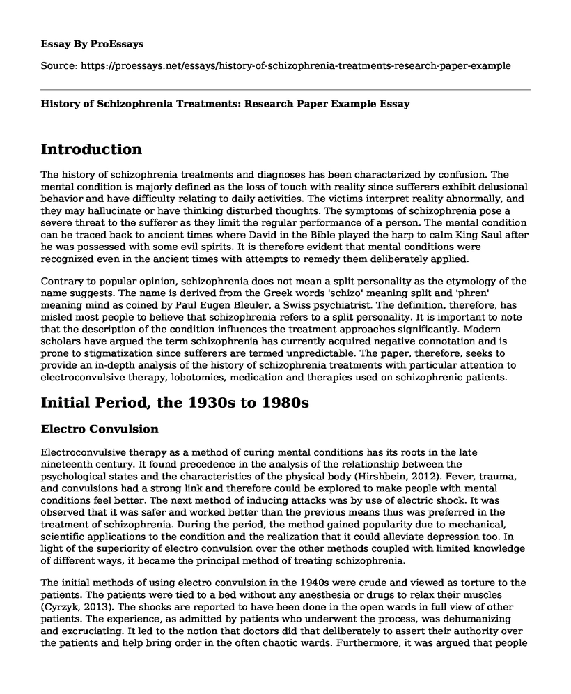 History of Schizophrenia Treatments: Research Paper Example