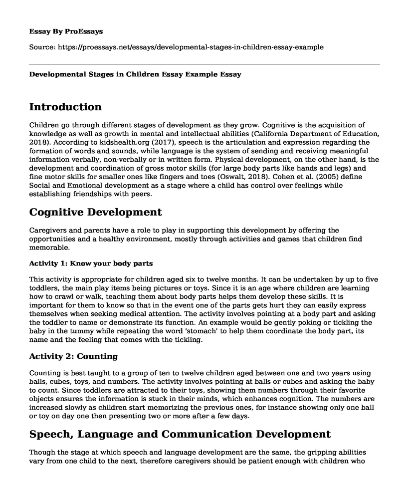 Developmental Stages in Children Essay Example