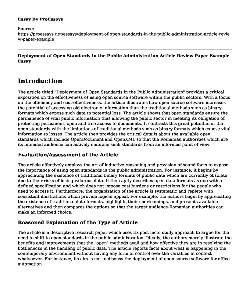Deployment of Open Standards in the Public Administration Article Review Paper Example