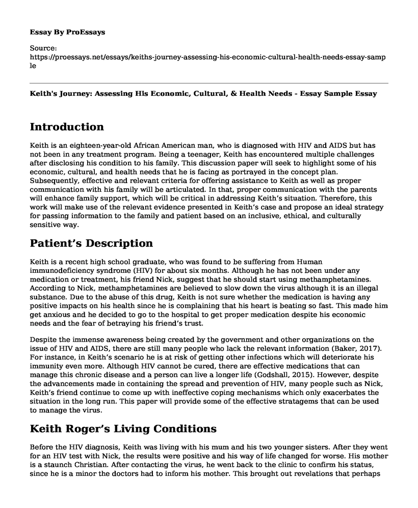 Keith's Journey: Assessing His Economic, Cultural, & Health Needs - Essay Sample