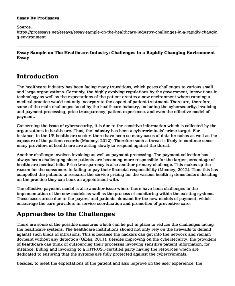 Essay Sample on The Healthcare Industry: Challenges in a Rapidly Changing Environment