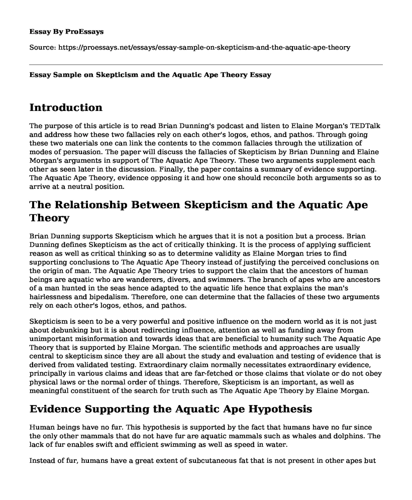 Essay Sample on Skepticism and the Aquatic Ape Theory