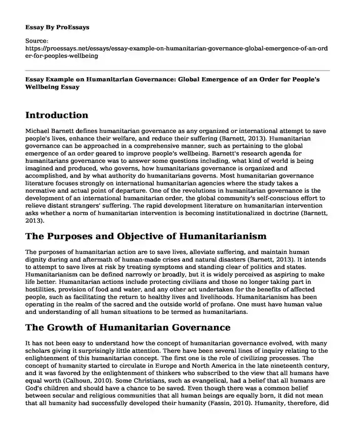 Essay Example on Humanitarian Governance: Global Emergence of an Order for People's Wellbeing