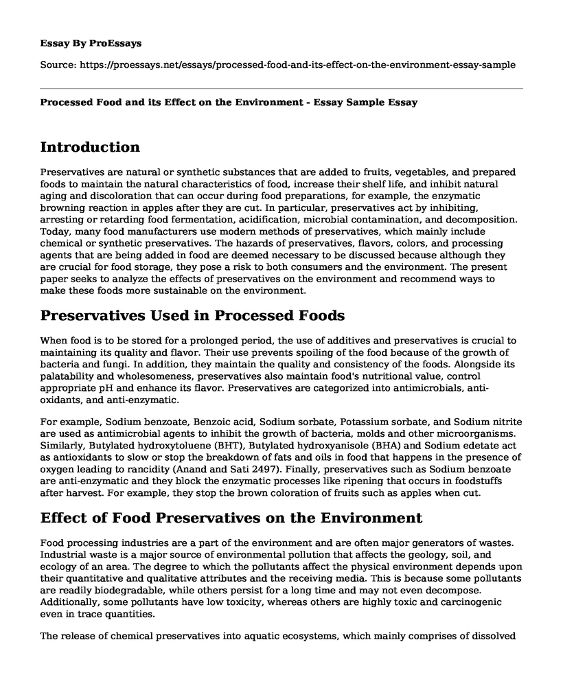 Processed Food and its Effect on the Environment - Essay Sample