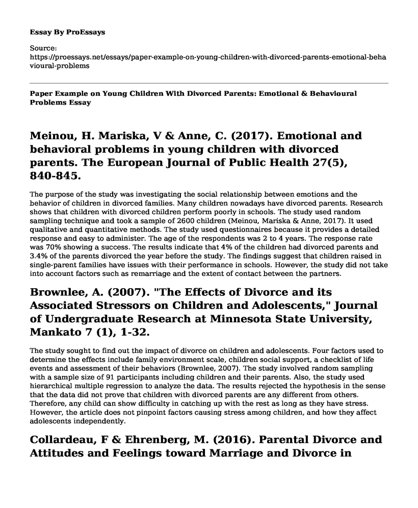 Paper Example on Young Children With Divorced Parents: Emotional & Behavioural Problems