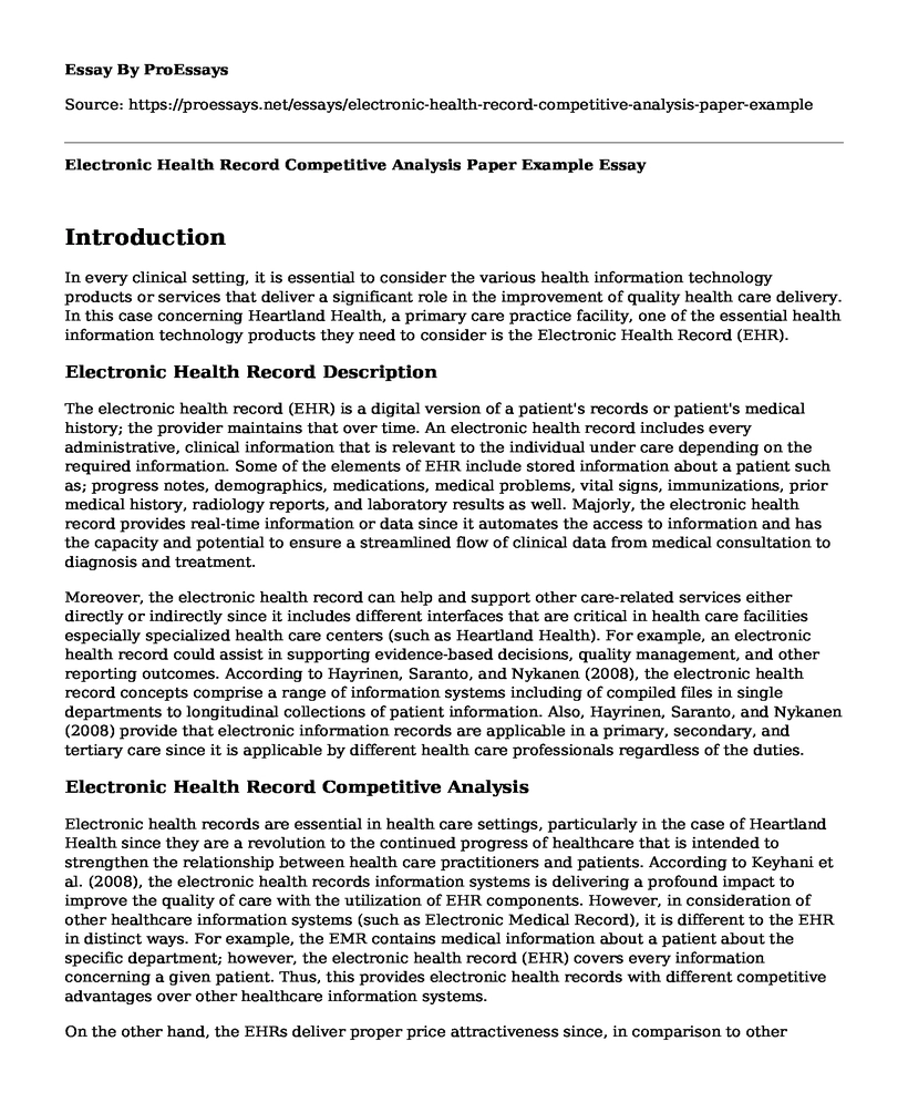 Electronic Health Record Competitive Analysis Paper Example