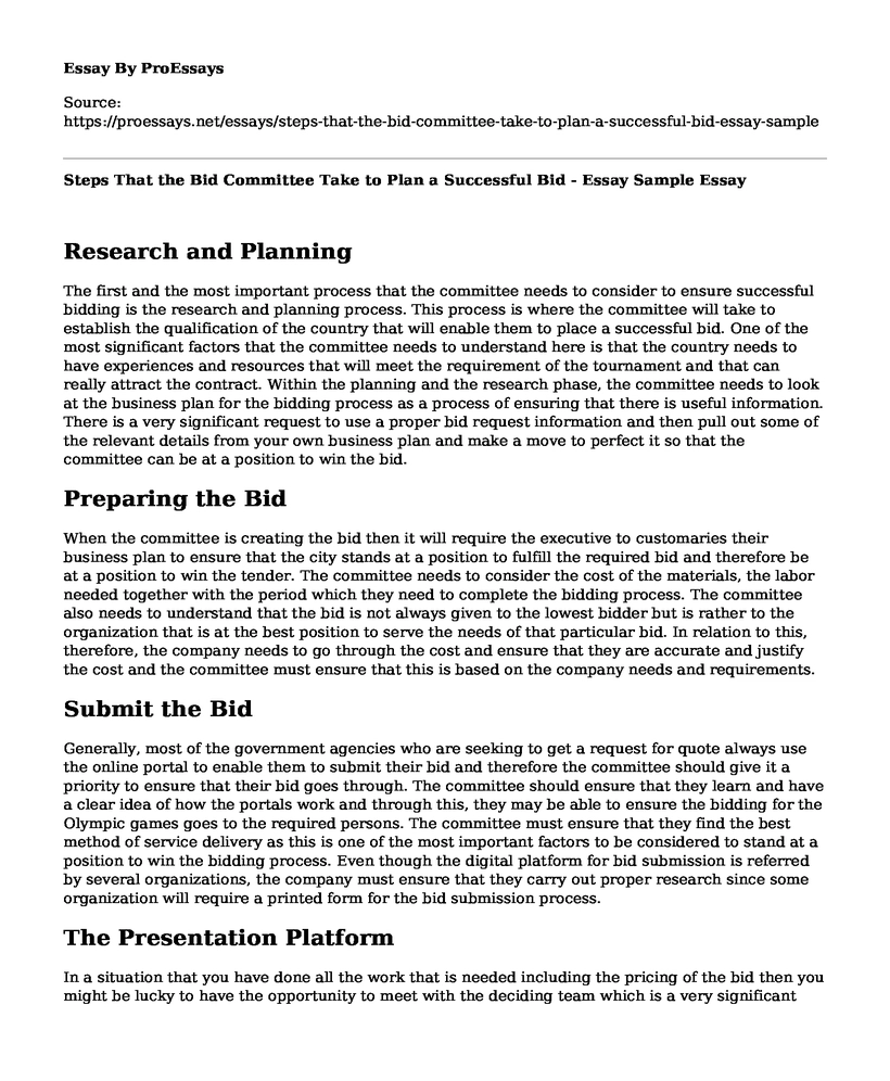 Steps That the Bid Committee Take to Plan a Successful Bid - Essay Sample