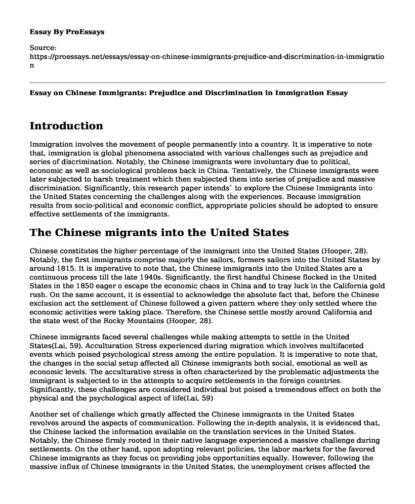 Essay on Chinese Immigrants: Prejudice and Discrimination in Immigration