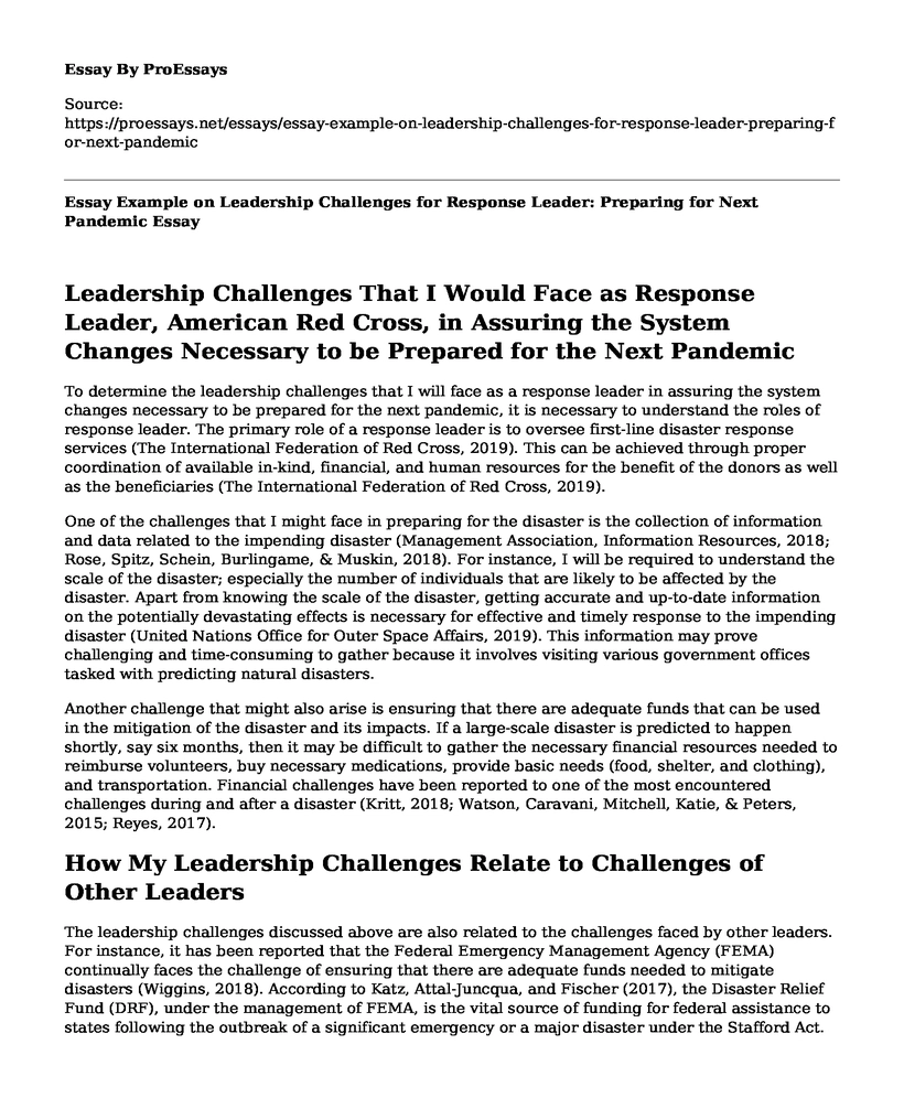 Essay Example on Leadership Challenges for Response Leader: Preparing for Next Pandemic