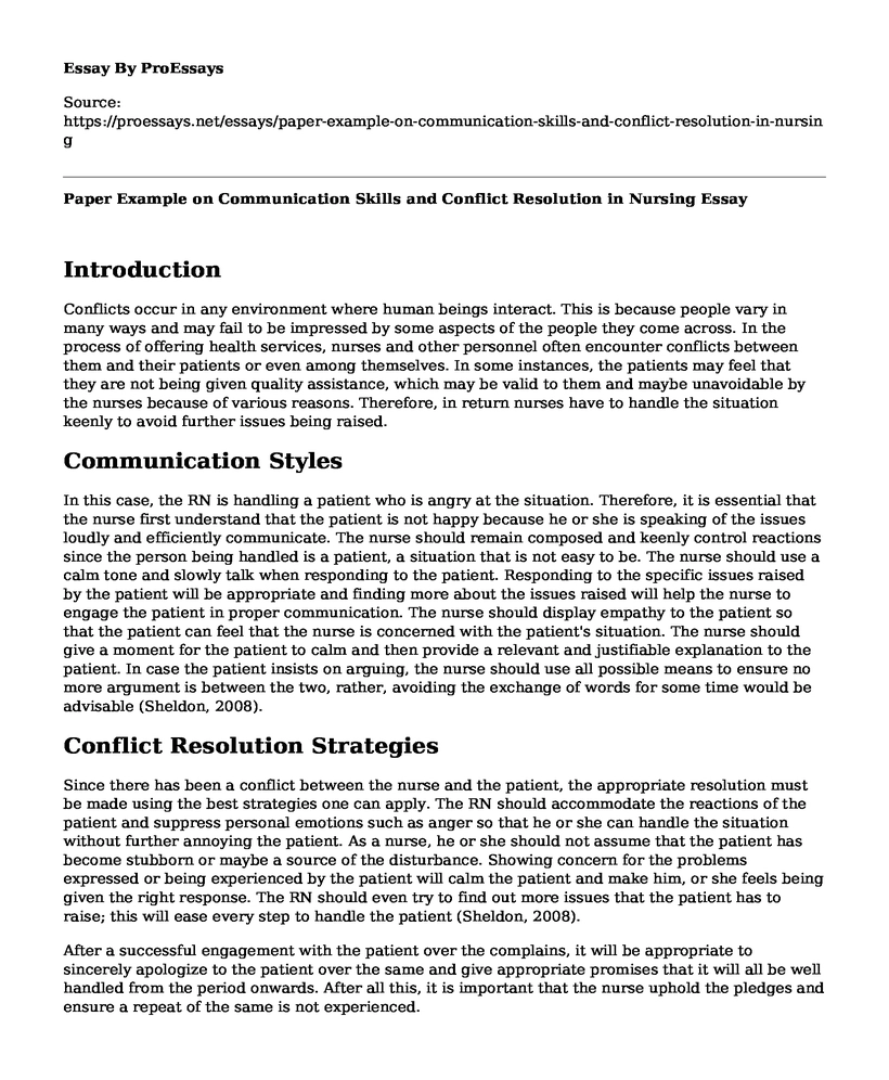 Paper Example on Communication Skills and Conflict Resolution in Nursing