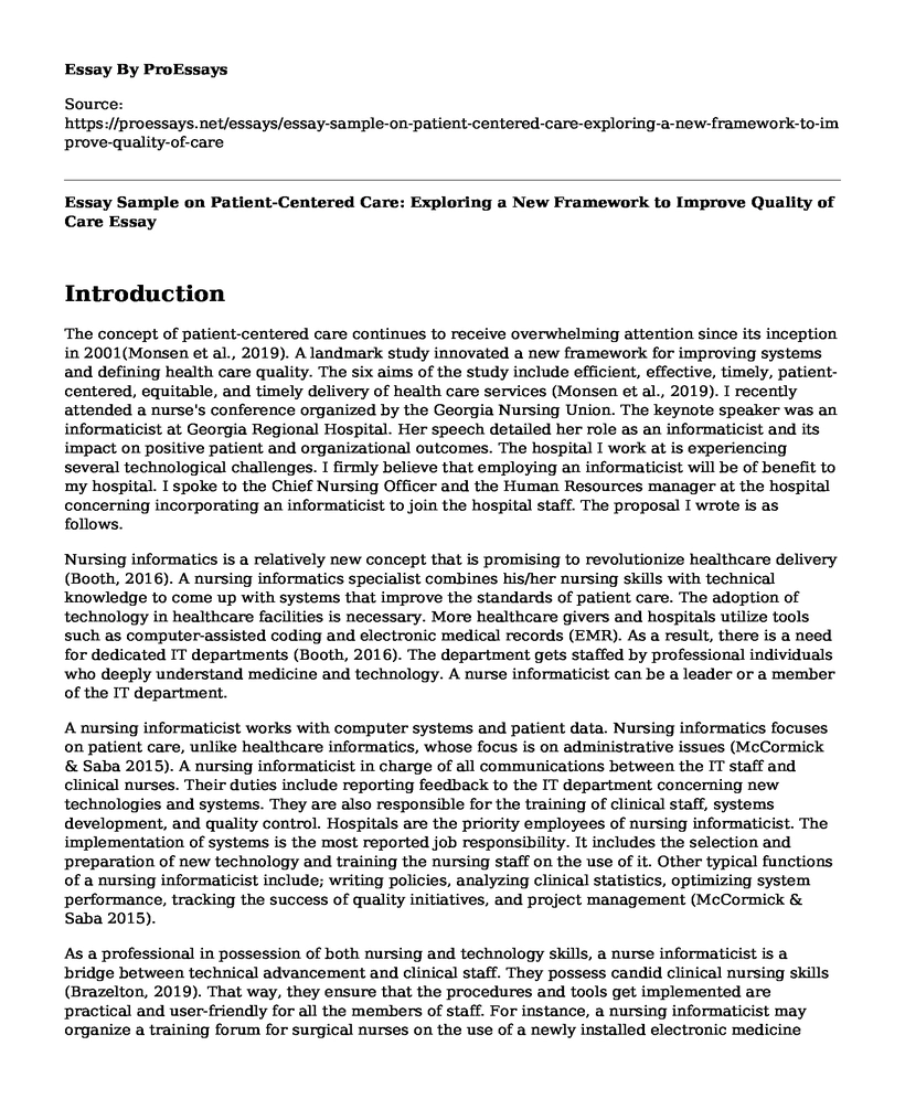 Essay Sample on Patient-Centered Care: Exploring a New Framework to Improve Quality of Care