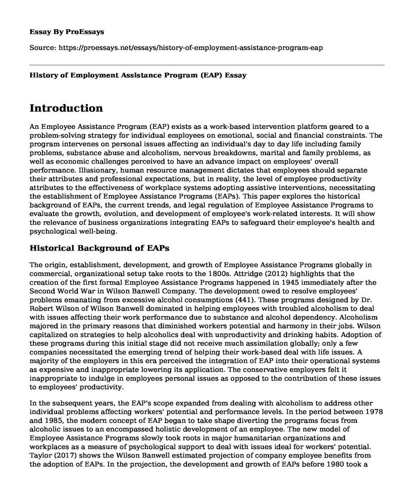History of Employment Assistance Program (EAP)