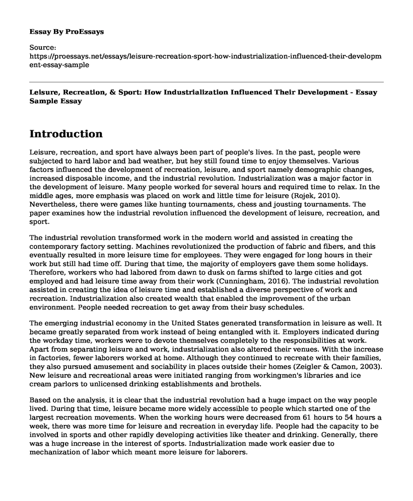 Leisure, Recreation, & Sport: How Industrialization Influenced Their Development - Essay Sample