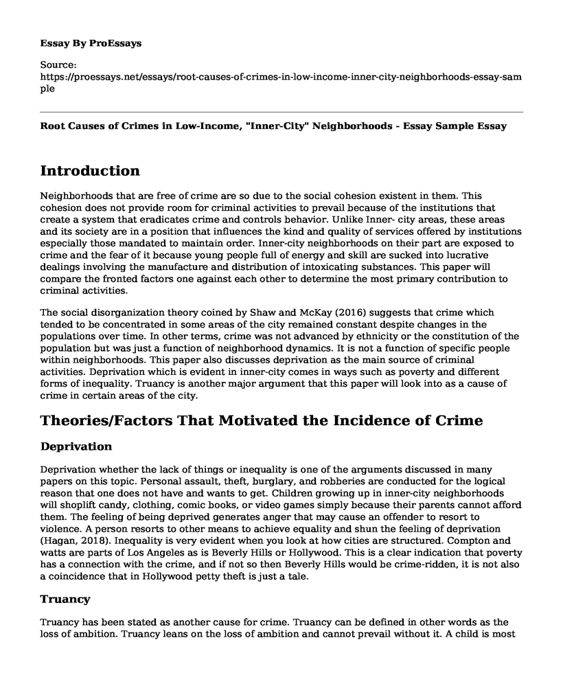 Root Causes of Crimes in Low-Income, "Inner-City" Neighborhoods - Essay Sample
