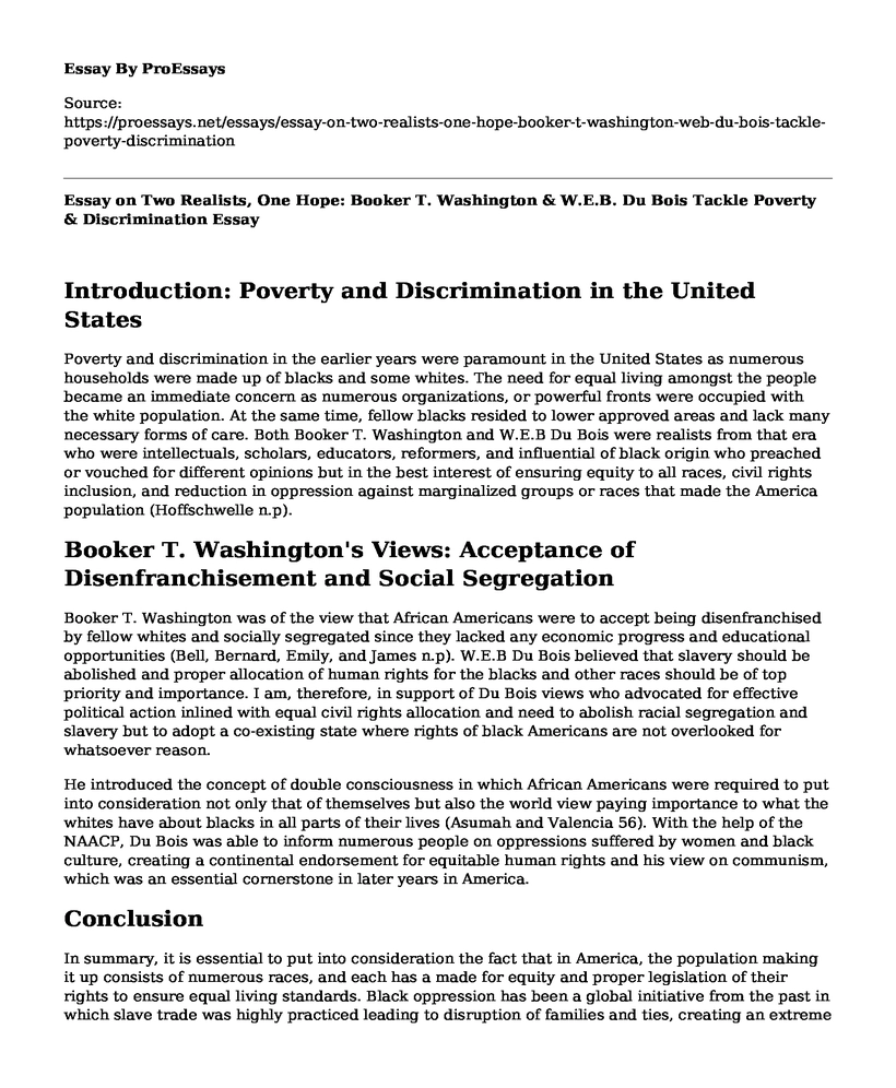Essay on Two Realists, One Hope: Booker T. Washington & W.E.B. Du Bois Tackle Poverty & Discrimination