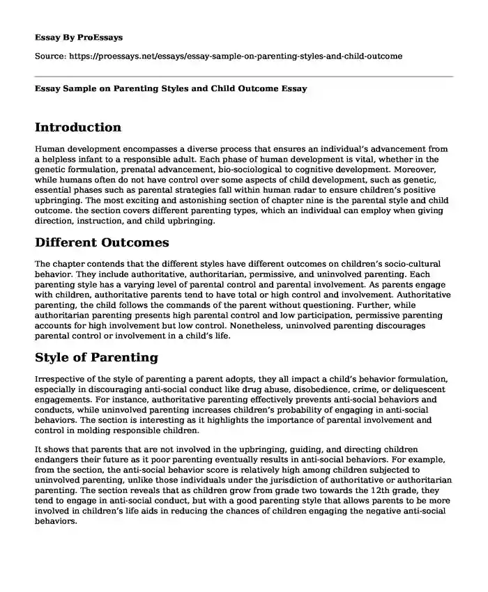 Essay Sample on Parenting Styles and Child Outcome