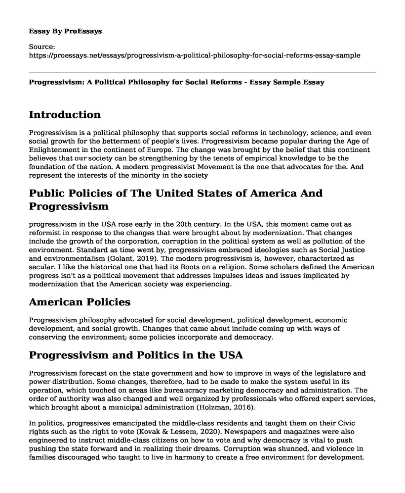 Progressivism: A Political Philosophy for Social Reforms - Essay Sample