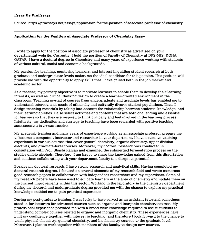 Application for the Position of Associate Professor of Chemistry