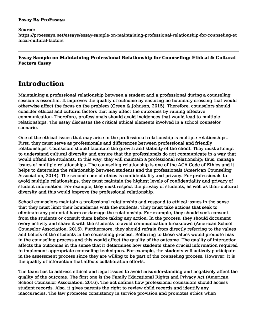 Essay Sample on Maintaining Professional Relationship for Counseling: Ethical & Cultural Factors