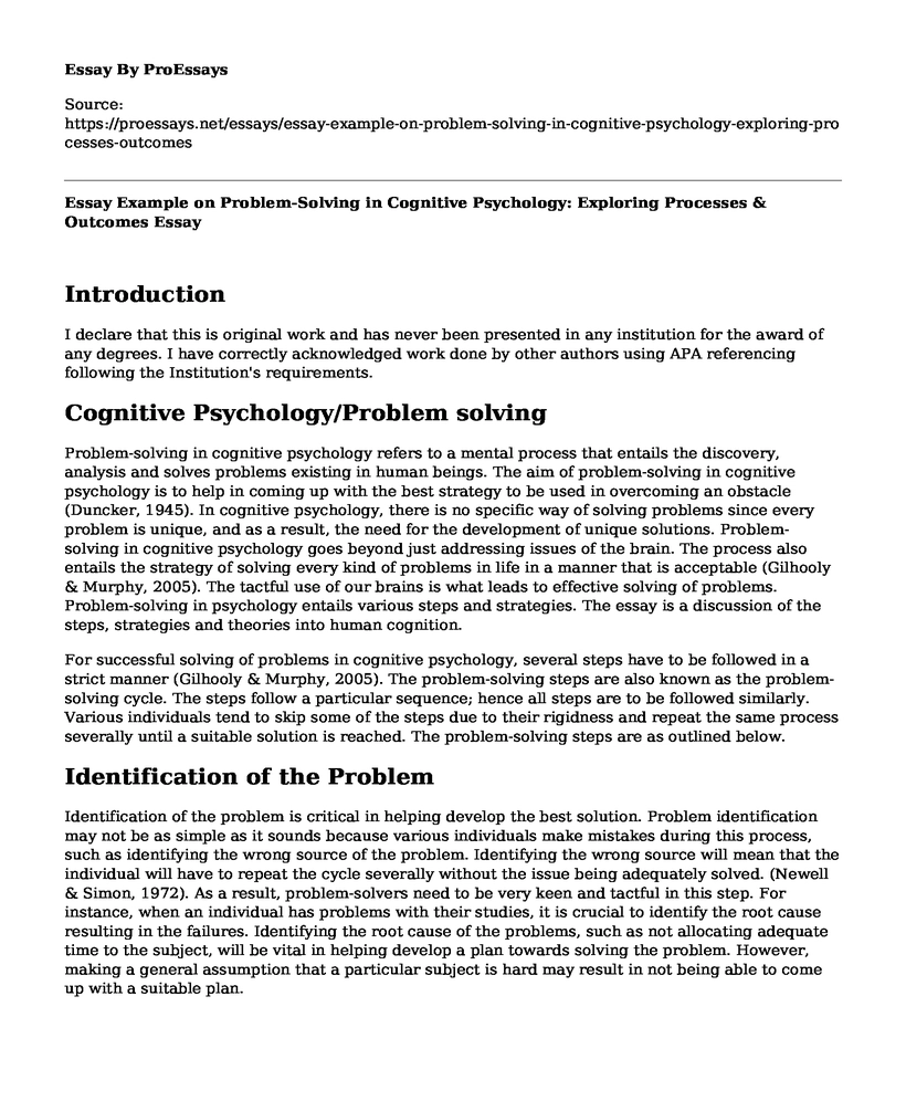 Essay Example on Problem-Solving in Cognitive Psychology: Exploring Processes & Outcomes