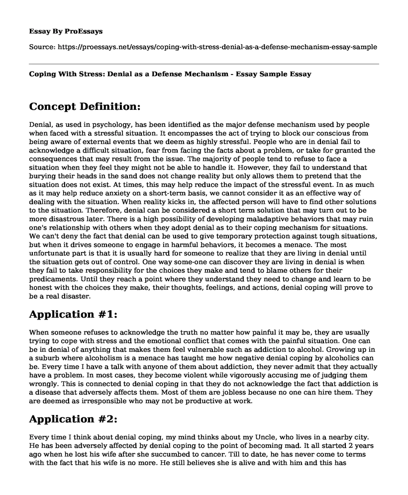 Coping With Stress: Denial as a Defense Mechanism - Essay Sample