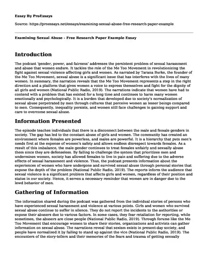 Examining Sexual Abuse - Free Research Paper Example