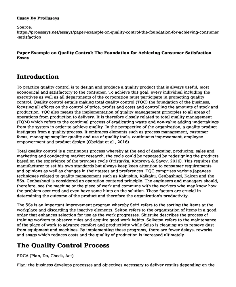 Paper Example on Quality Control: The Foundation for Achieving Consumer Satisfaction
