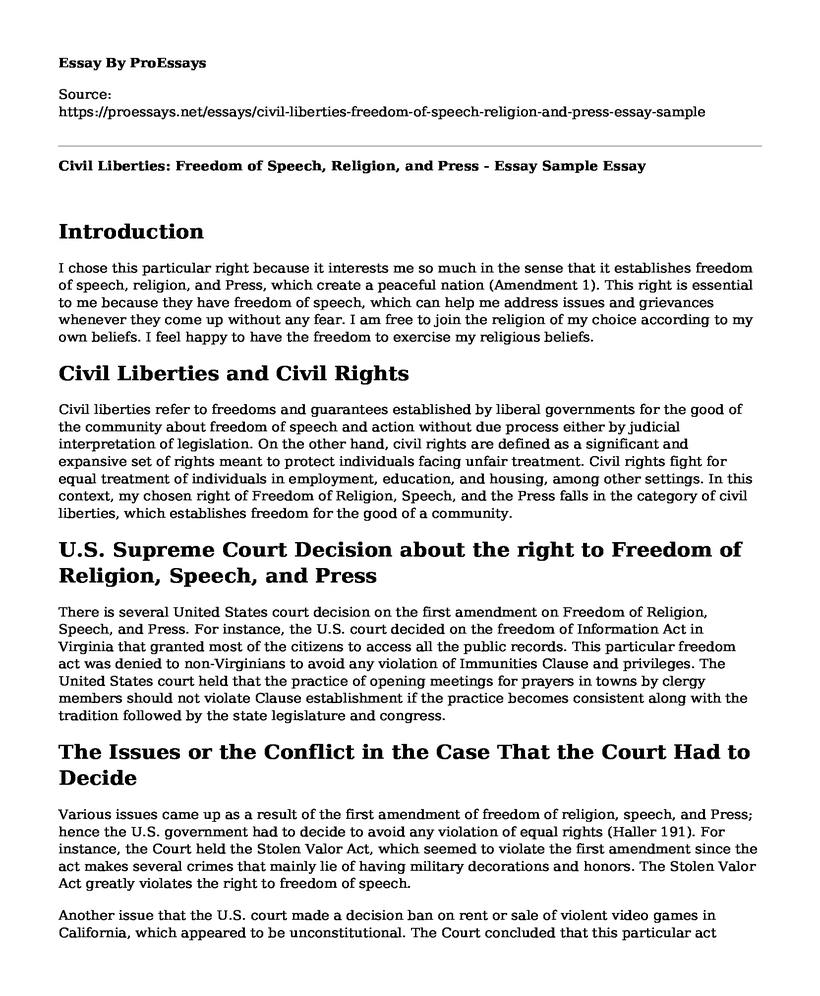 Civil Liberties: Freedom of Speech, Religion, and Press - Essay Sample