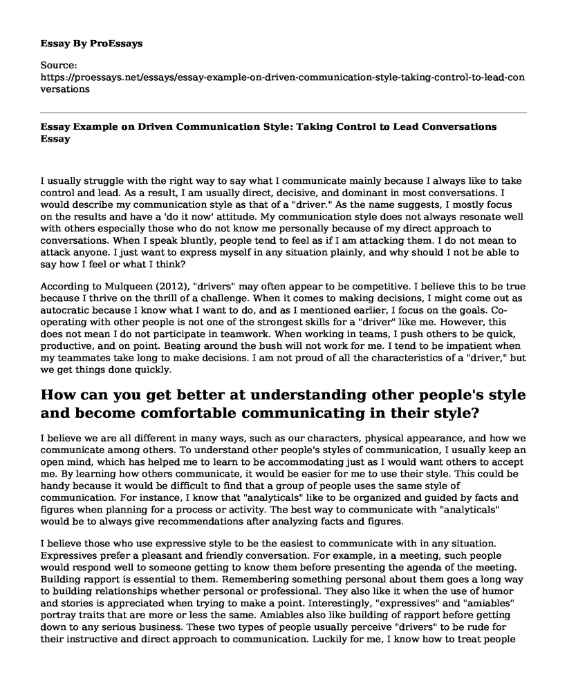 Essay Example on Driven Communication Style: Taking Control to Lead Conversations