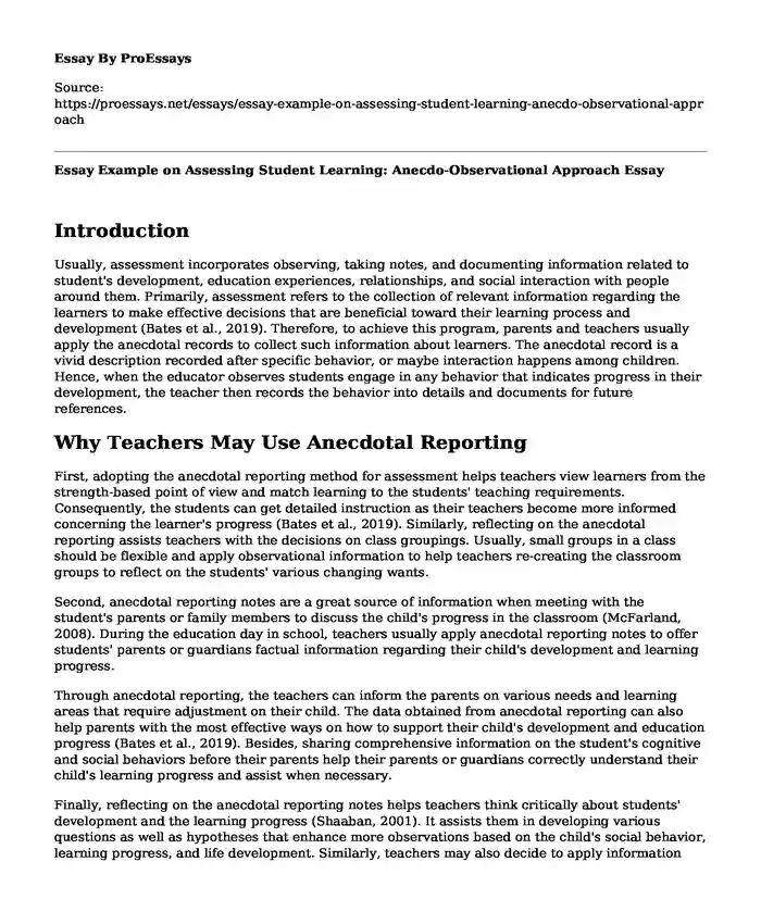 Essay Example on Assessing Student Learning: Anecdo-Observational Approach