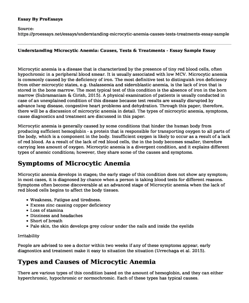 Understanding Microcytic Anemia: Causes, Tests & Treatments - Essay Sample