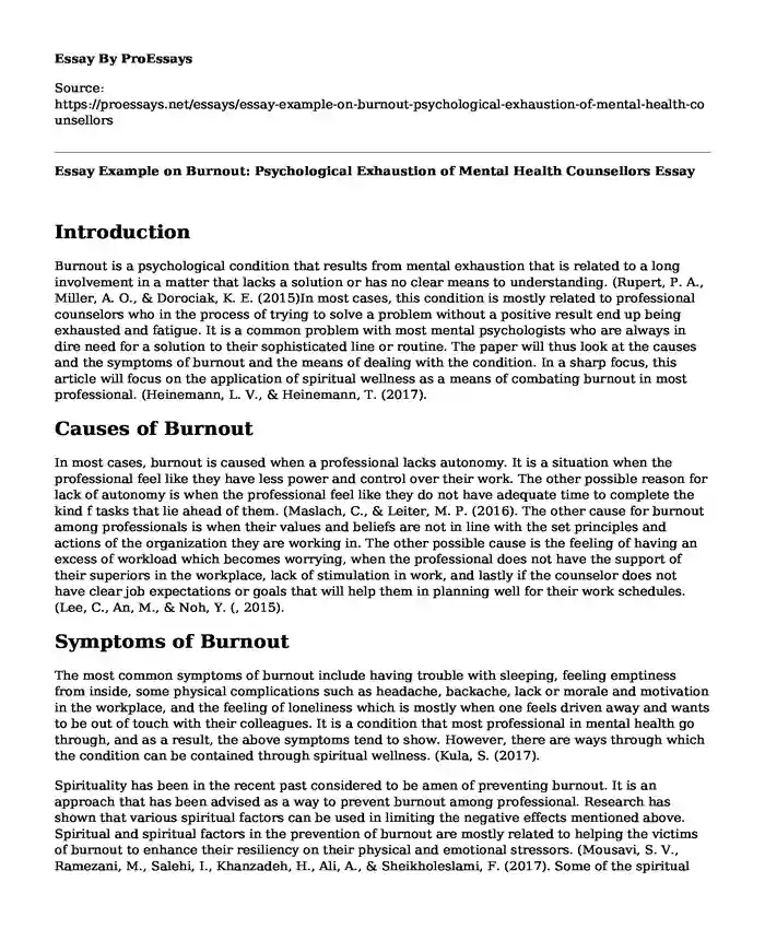 Essay Example on Burnout: Psychological Exhaustion of Mental Health Counsellors