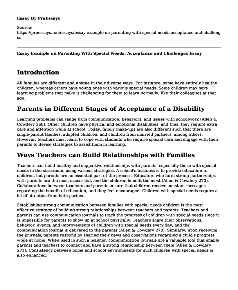 Essay Example on Parenting With Special Needs: Acceptance and Challenges