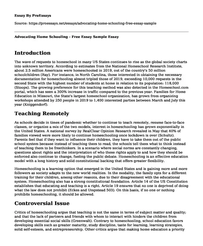 Advocating Home Schooling - Free Essay Sample