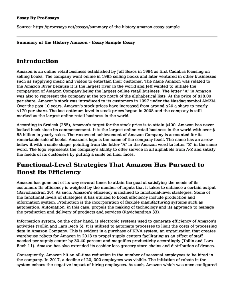 Summary of the History Amazon - Essay Sample