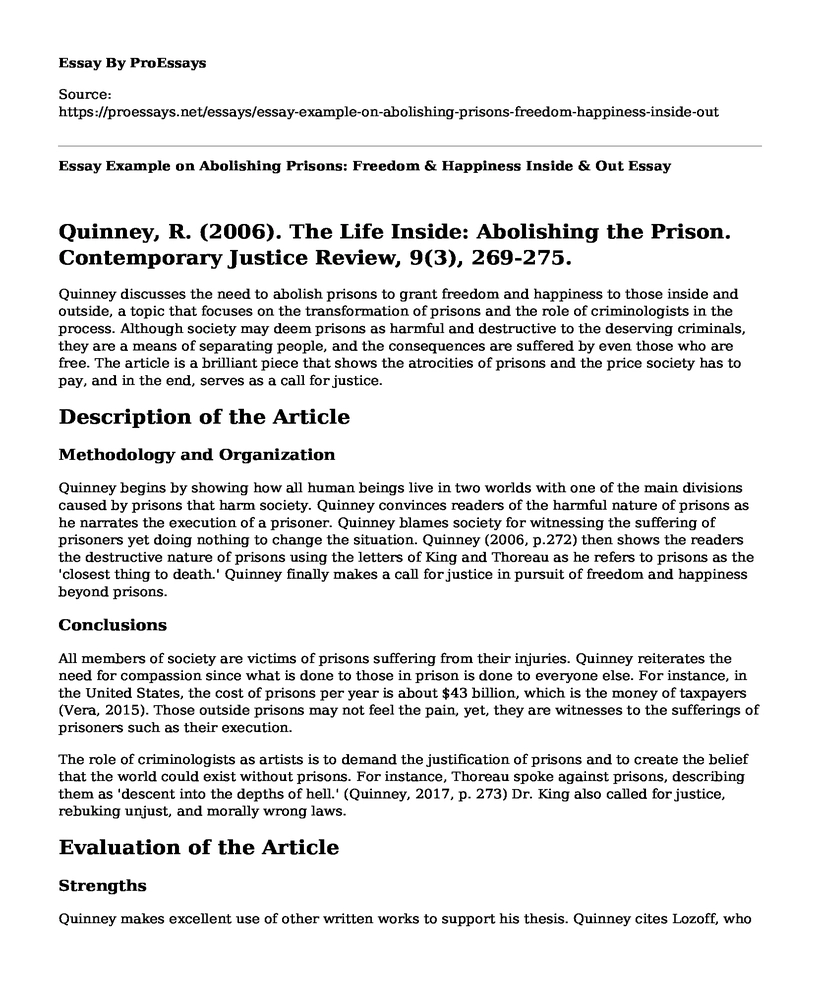 Essay Example on Abolishing Prisons: Freedom & Happiness Inside & Out