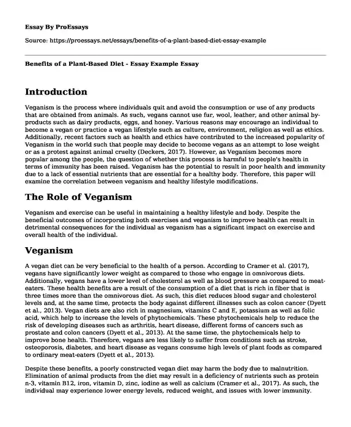 Benefits of a Plant-Based Diet - Essay Example