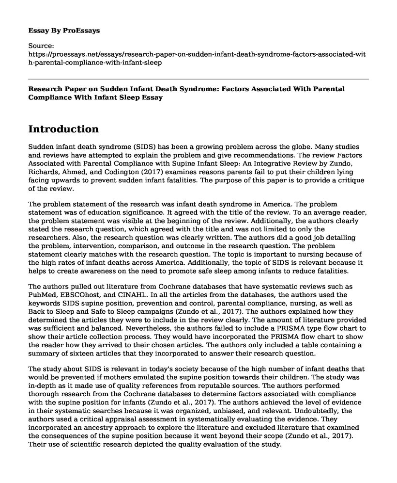 Research Paper on Sudden Infant Death Syndrome: Factors Associated With Parental Compliance With Infant Sleep