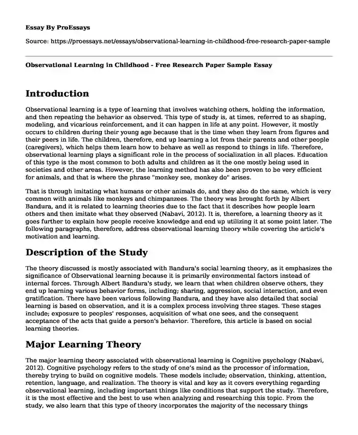 Observational Learning in Childhood - Free Research Paper Sample