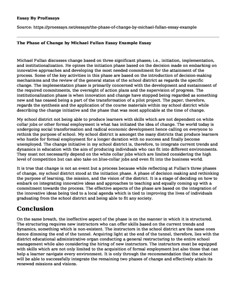The Phase of Change by Michael Fullan Essay Example