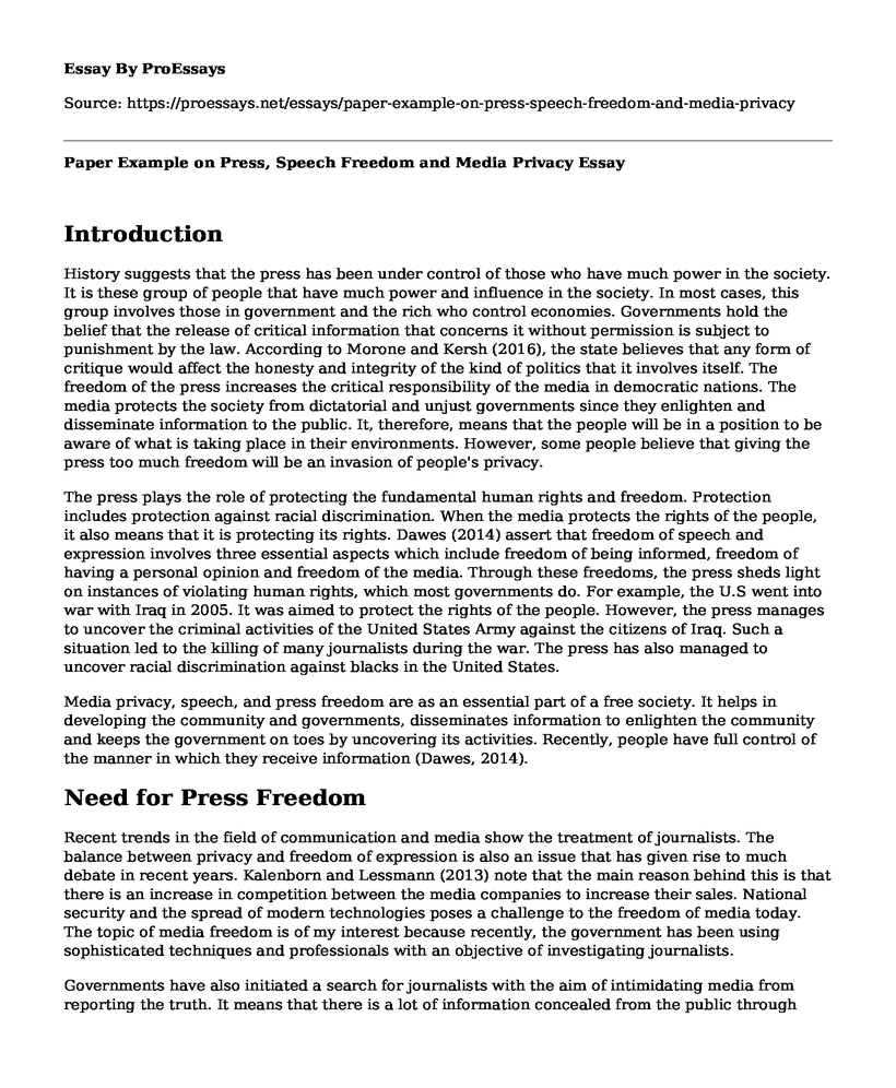 Paper Example on Press, Speech Freedom and Media Privacy