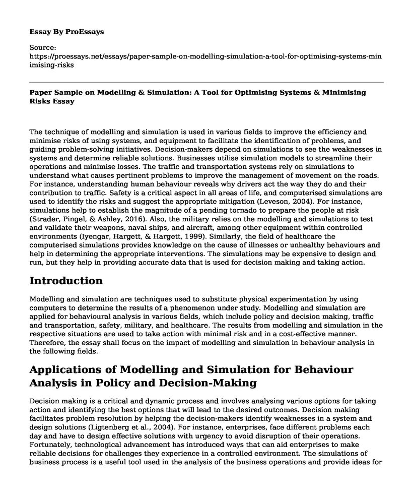 Paper Sample on Modelling & Simulation: A Tool for Optimising Systems & Minimising Risks