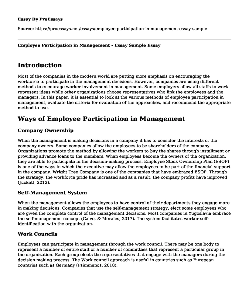 Employee Participation in Management - Essay Sample