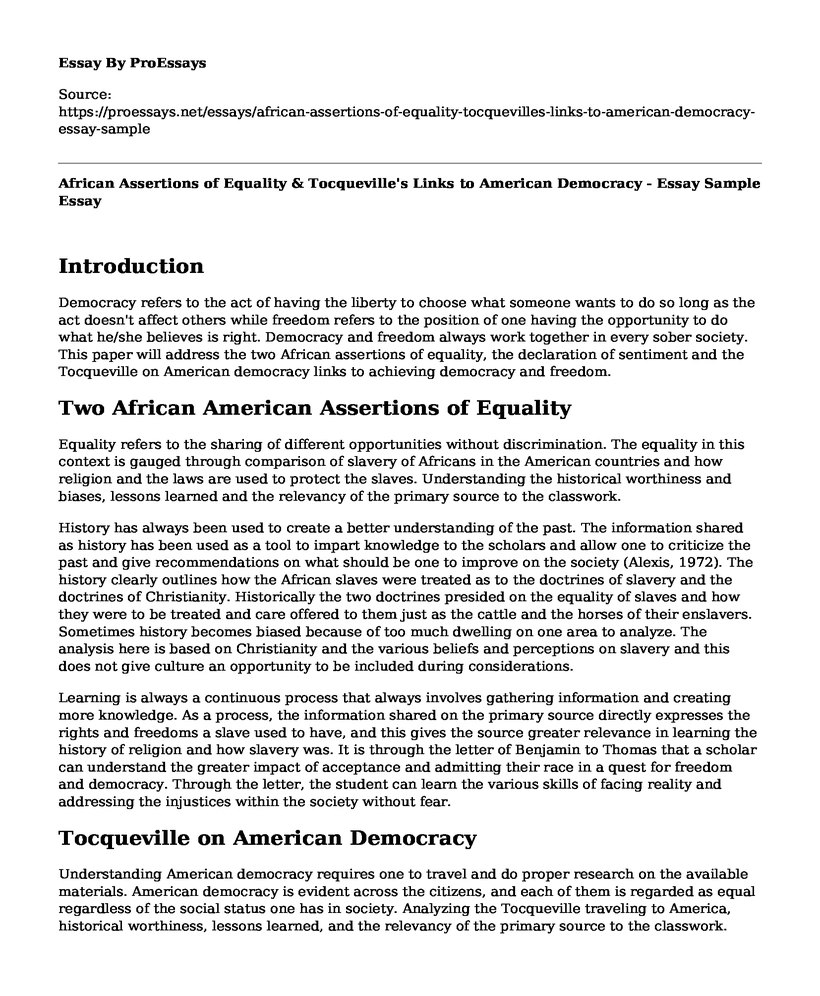 African Assertions of Equality & Tocqueville's Links to American Democracy - Essay Sample