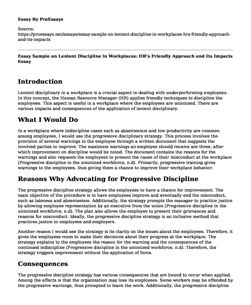 Essay Sample on Lenient Discipline in Workplaces: HR's Friendly Approach and Its Impacts