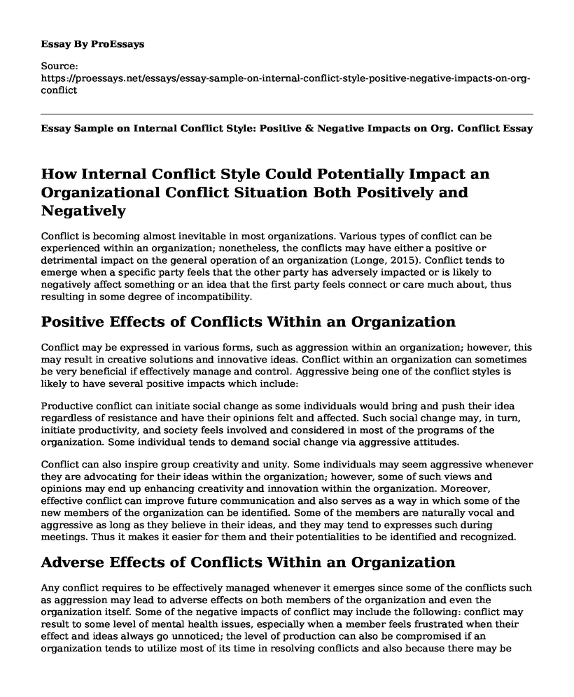 Essay Sample on Internal Conflict Style: Positive & Negative Impacts on Org. Conflict
