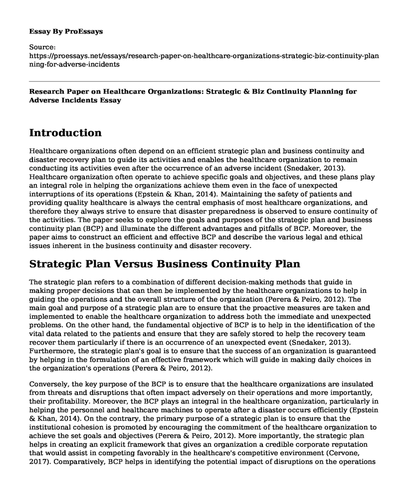 Research Paper on Healthcare Organizations: Strategic & Biz Continuity Planning for Adverse Incidents